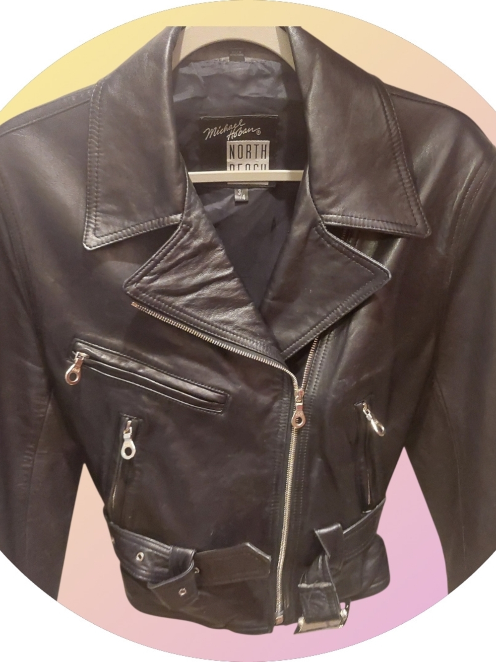 MICHAEL HOBAN North Beach Leather Black Biker Moto Jacket with Belt